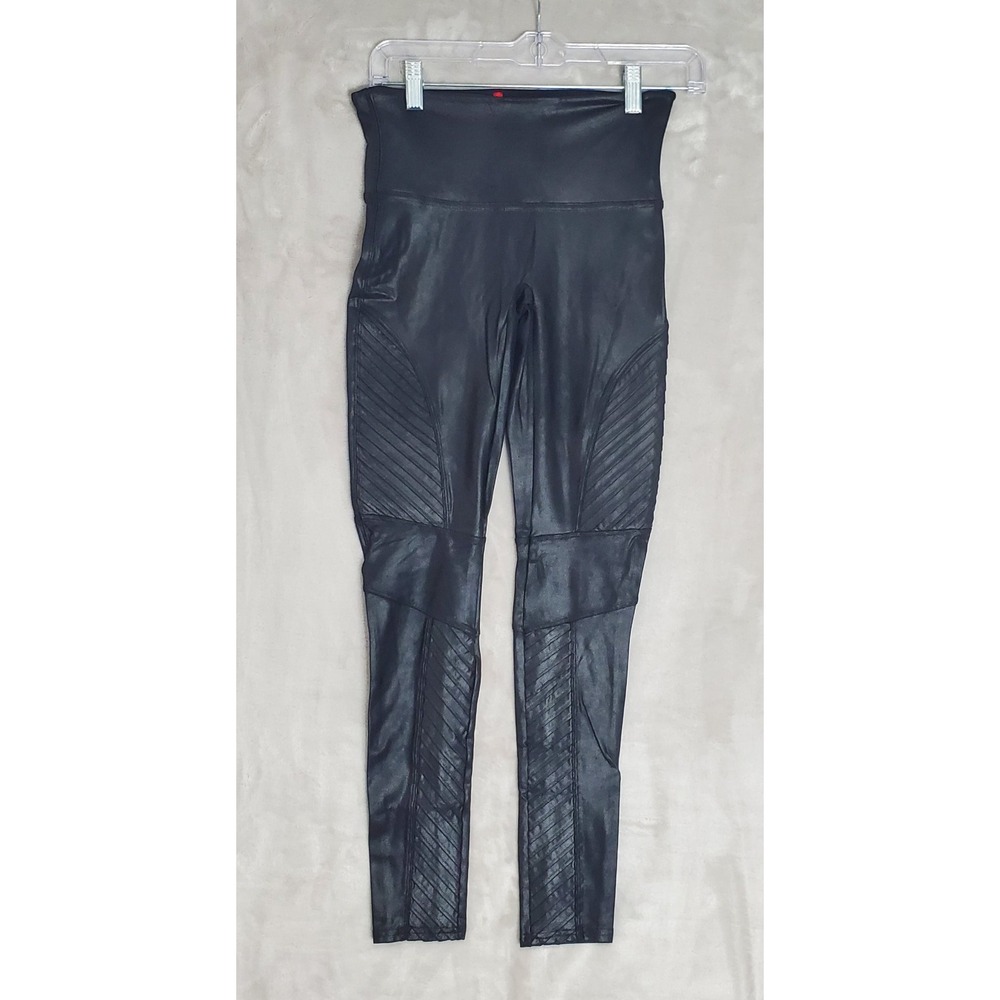 SPANX Moto Faux Leather Leggings Women's M Black Shiny Shaping Pants Yoga EUC